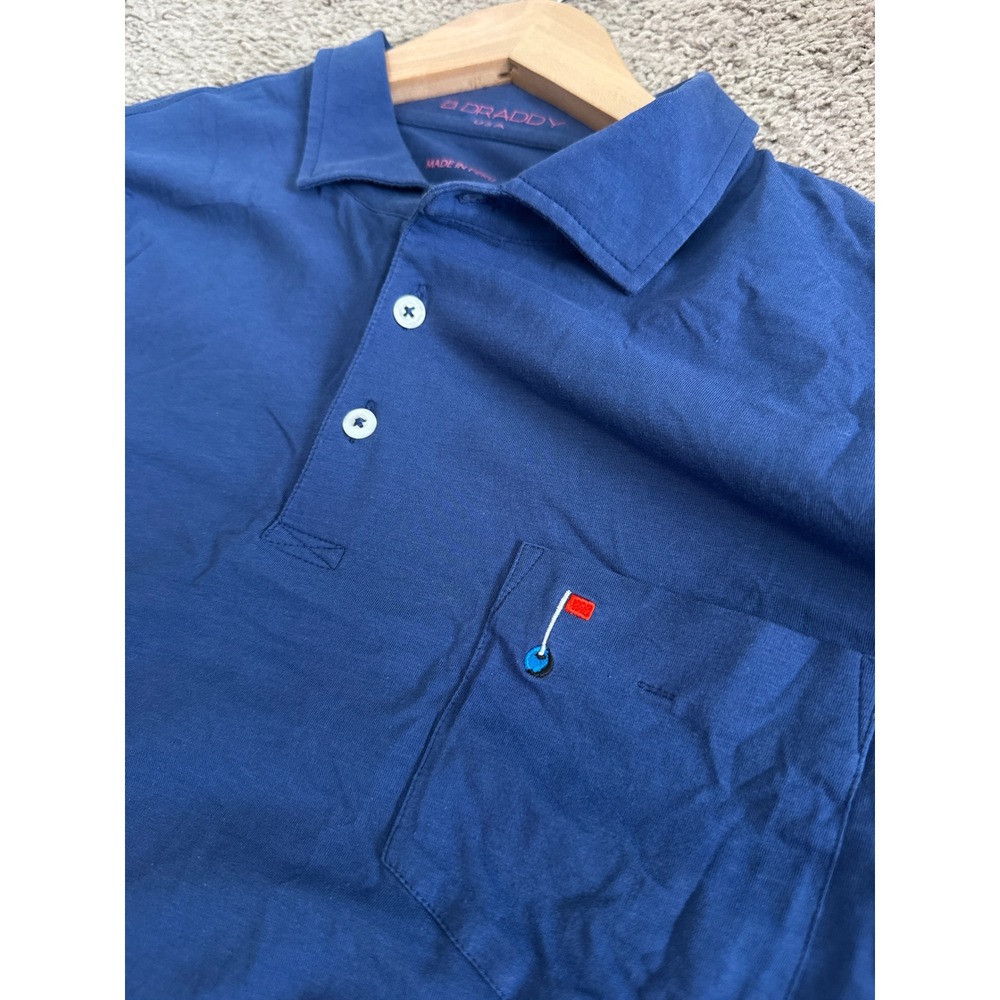 B. Draddy USA Mens XL Blue Short Sleeve Golf Polo Shirt Chest Pocket Flag Logo